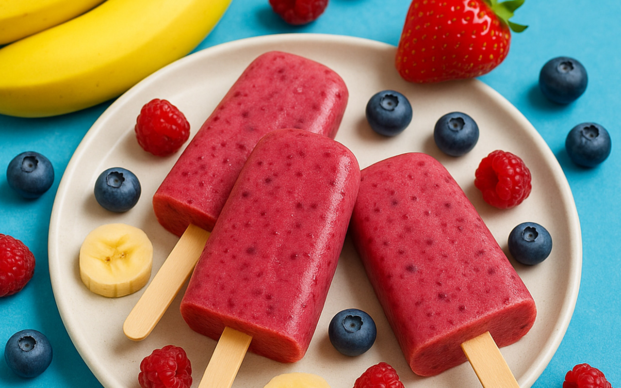 Bananen-Beeren-Eis am Stiel – fruchtig, erfrischend und zuckerarm - Sommereis Vorschau  (generated by KI)